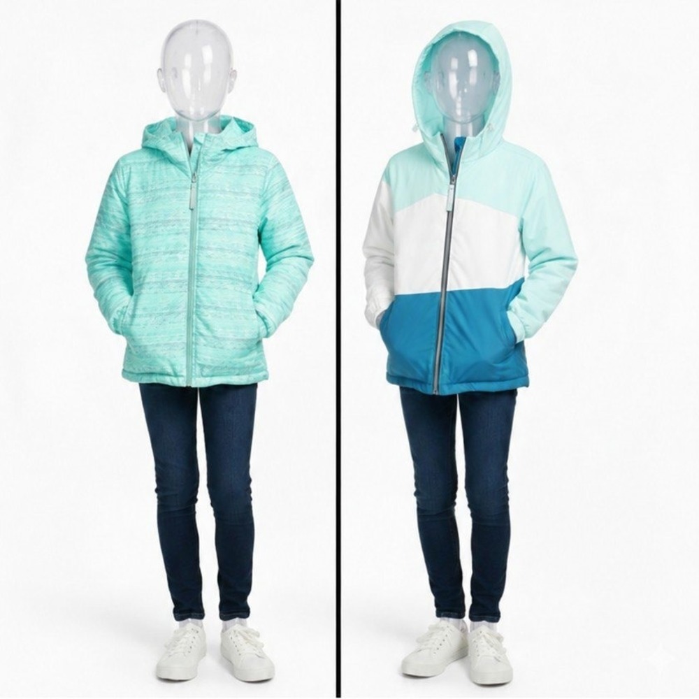 Turbine‎ Girls Reversible Hooded Jacket Aqua Blue White Teal SKUK017
